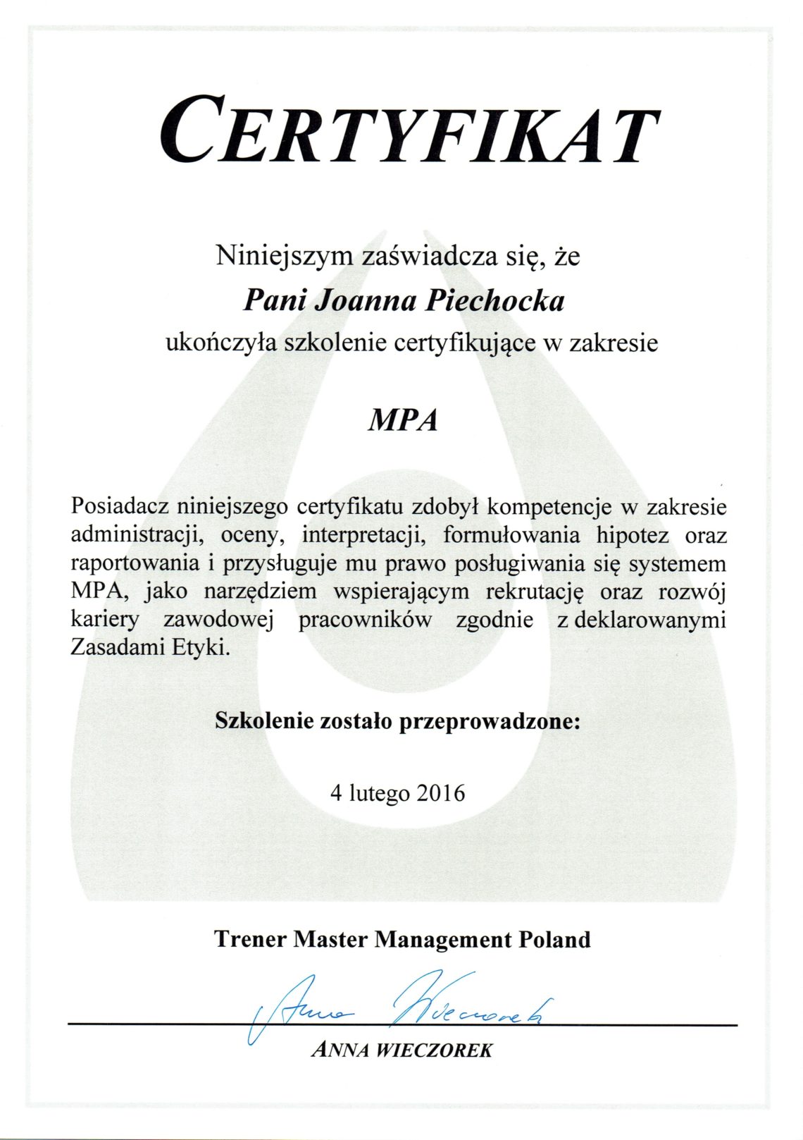 Certyfikat użytkownika narzędzia Master Person Analysis (MPA)